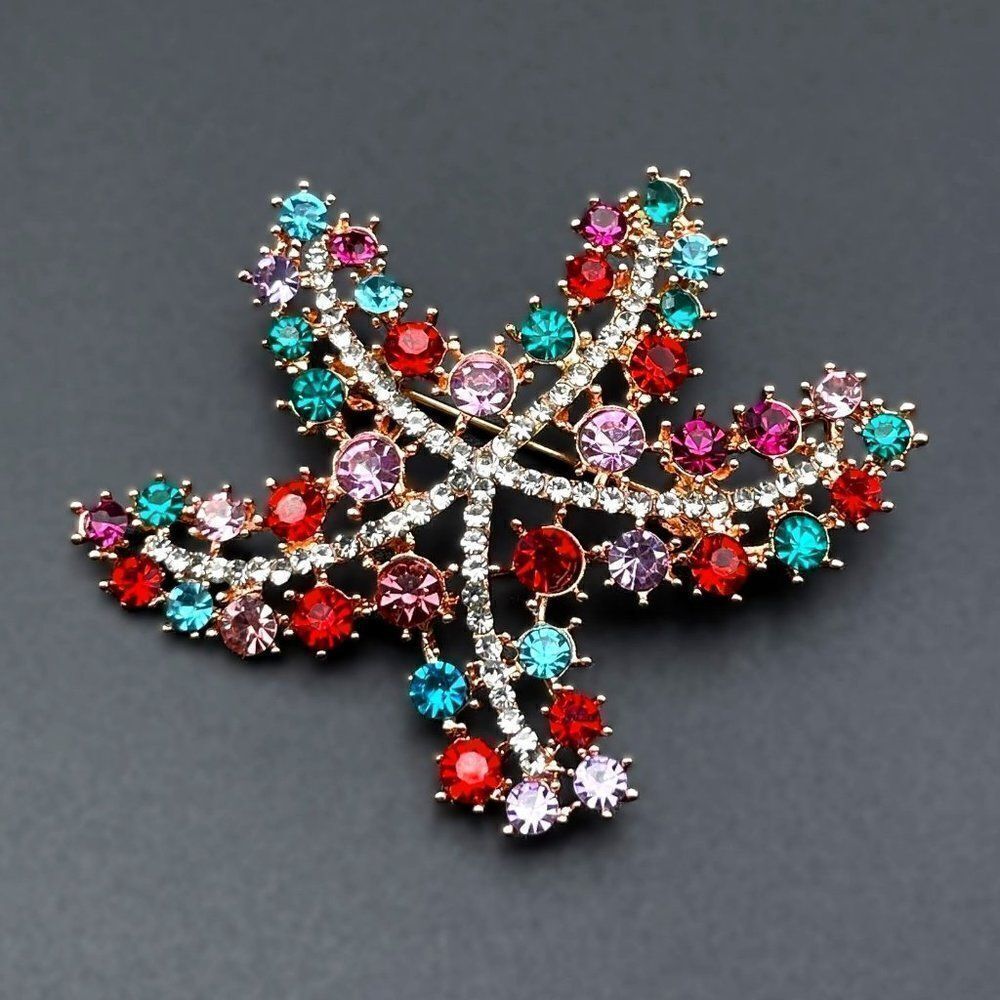 Rose Gold with Multicolored and White Diamond Crystal Starfish Pin Back Brooch